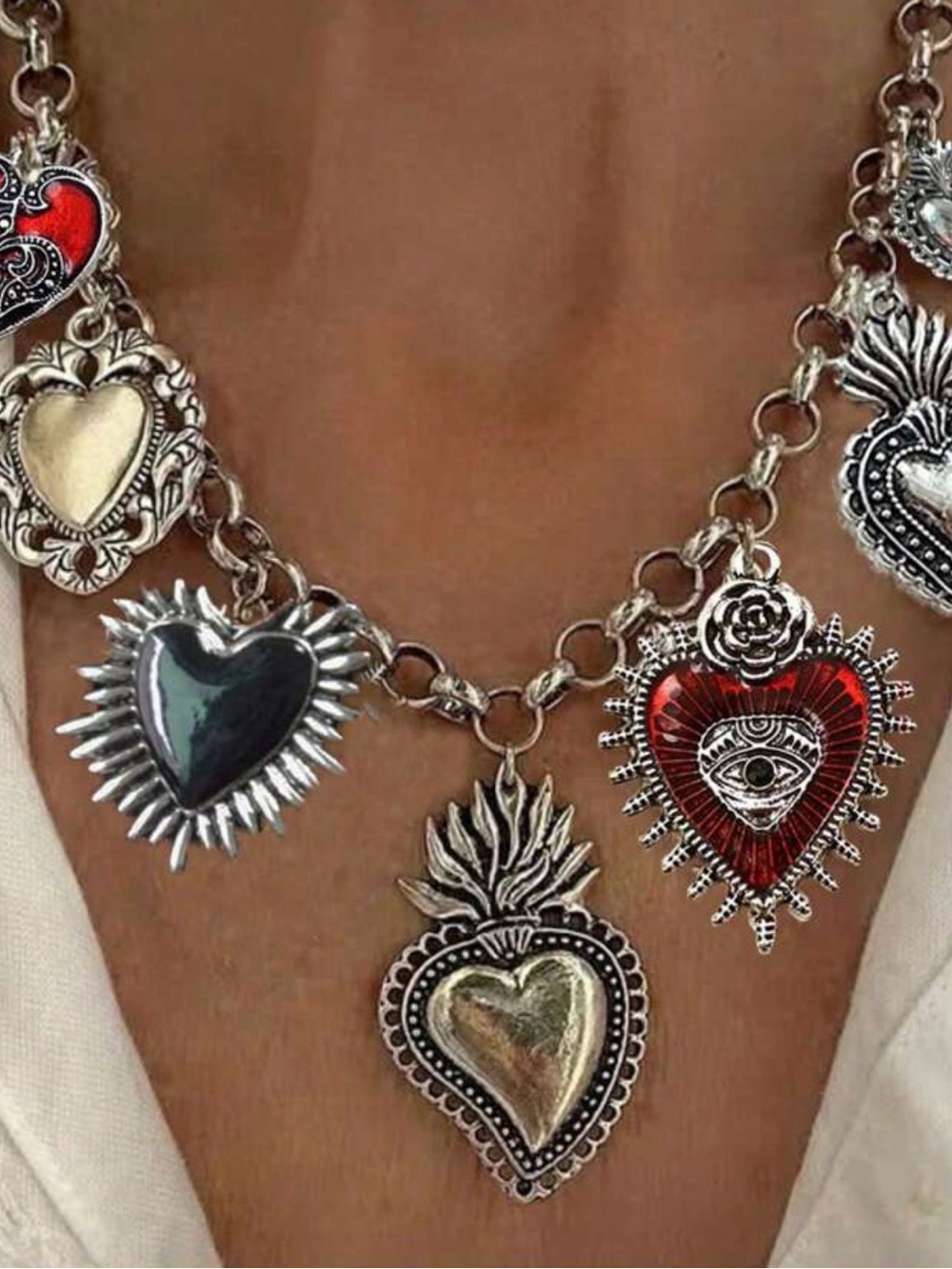 Ornate Heart Charm Necklace in Red, Black & Gold - Women’s Statement Jewelry